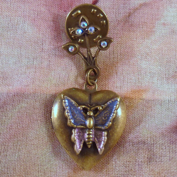 Vintage Butterfly Rhinestone Locket Brooch Pin