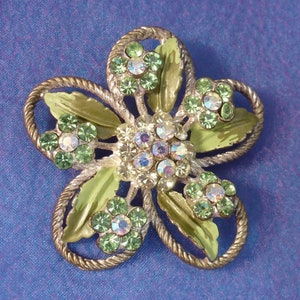 Vintage Green Rhinestone Floral Flower Brooch Pin