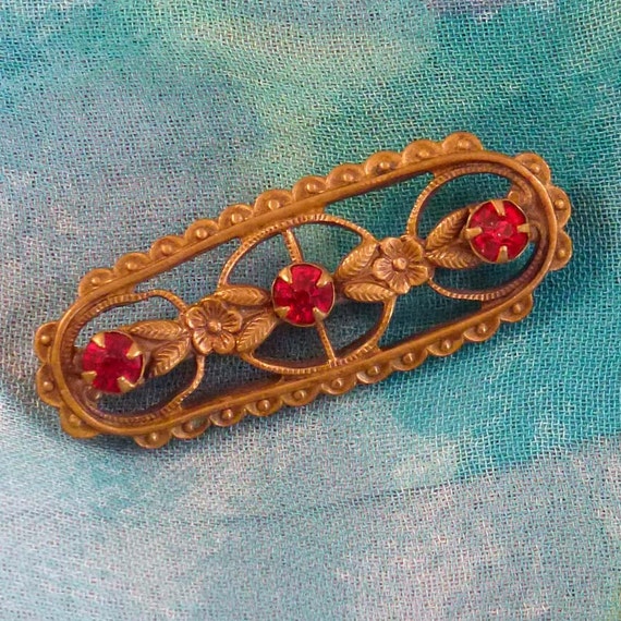 Vintage Victorian Brooch, Red Rhinestone Pin with… - image 1