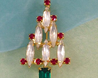 Vintage Christmas Tree Brooch Pin with Navette Rhinestones