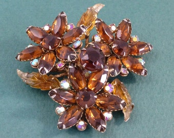 Huge Layered Vintage Floral Rootbeer Rhinestone Brooch Pin