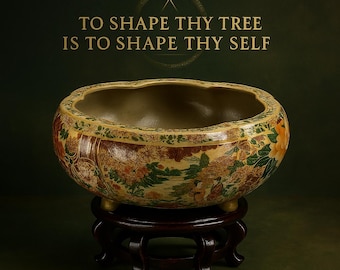 The Golden Offering – Vaso de bonsai pintado à mão de 7,5” | Vaso de altar sagrado da Bonsai Boi Nursery | Vaso de árvore de bonsai / plantador