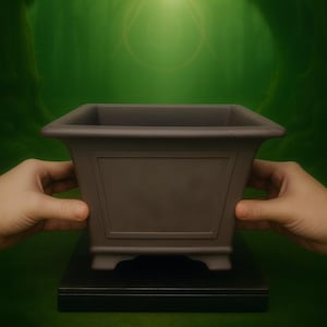 May include: A dark brown, square bonsai pot with a rectangular design on the front. The pot is held by two hands, and sits on a black stand. The background is a blurred green forest scene.