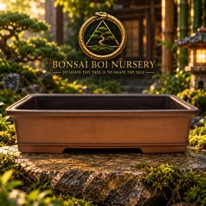 May include: A rectangular, unglazed terracotta bonsai pot with a wide rim and a recessed base. Above the pot, a gold logo features a snake encircling a triangle containing a bonsai tree, with the text BONSAI BOI NURSERY TO SHAPE THY TREE IS TO SHAPE THY SELF.