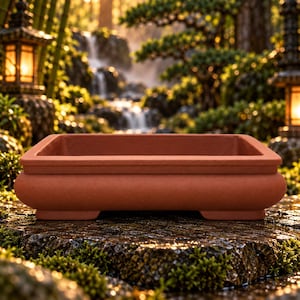 May include: A rectangular terracotta bonsai pot with a smooth, matte finish and a wide, flat rim. The container features a slightly curved, bulbous base and is supported by four small, integrated feet at the corners of the bottom edge.