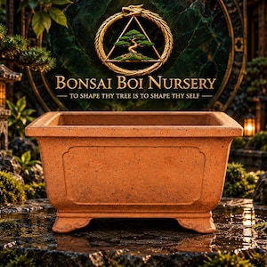 May include: A rectangular terracotta bonsai pot with a speckled finish, featuring a wide rim, a recessed central panel on the side, and four small feet. The pot is positioned in front of a logo reading Bonsai Boi Nursery.