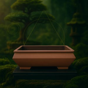 May include: A brown, rectangular bonsai pot with a geometric design. The pot has a wide opening and sits on a black base, set against a blurred green background with a Japanese garden theme.