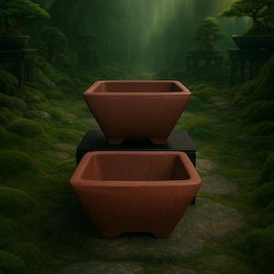 Könnte beinhalten: Zwei quadratische Bonsai-Töpfe in Terrakotta-Farbe. Die Töpfe stehen auf einer schwarzen Oberfläche vor einer Kulisse aus moosgrüner Landschaft. Die Töpfe haben eine trapezförmige Form und sind durch kleine Füße erhöht.