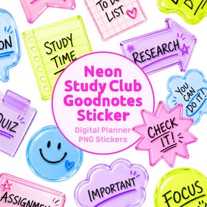 Puede incluir: Una colección de pegatinas digitales para agenda en colores neón con diversas formas como burbujas de texto, estrellas y nubes. Las pegatinas incluyen textos como Study Time, Research, Quiz, Check It, Important y Focus, con una etiqueta circular.