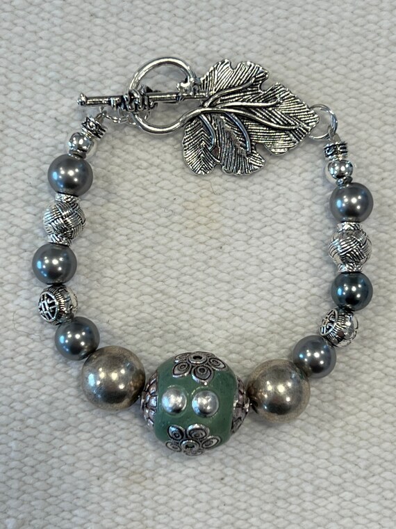Silver-tone and Jade Bracelet