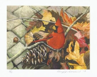 Autumn Cardinal Print: Backyard Bird Art, Neutral Mat