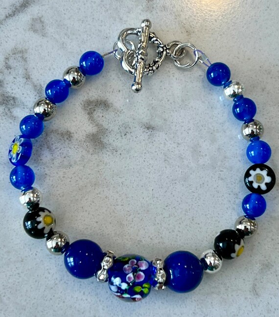 Blue Agate and Murano Bead Bracelet