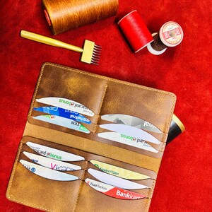 Vega - Lange faltbare Ledergeldbörse Handgefertigte sechs Taschen faltbare Lederbrieftasche / 12 - 14 Karten, Bargeld und Telefon / Unisex Lange Brieftasche.