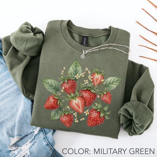 Sudadera de fresas, sudadera con cuello redondo de frutas botánicas, sudadera de frutos del bosque, sudadera estilo cottagecore con temática de jardín, camiseta con estética natural, regalo para ella.