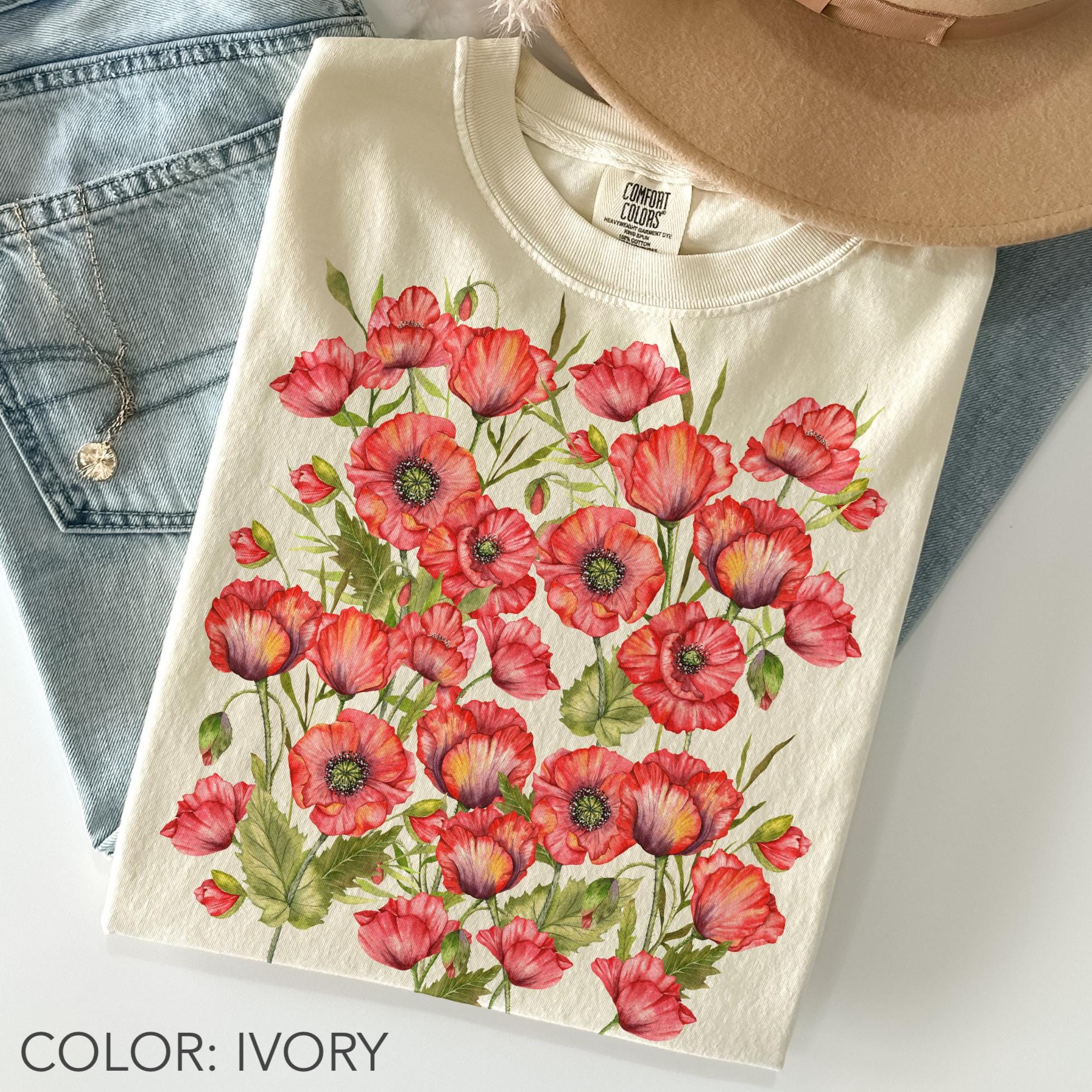 Vintage Poppy Flower Shirt Comfort Colors®, Poppies Floral Tee