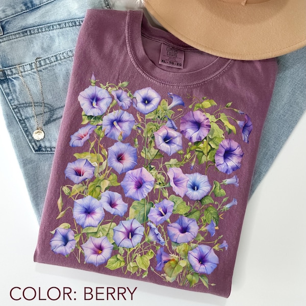 Camiseta Morning Glory Comfort Colors®, Camiseta de flores moradas, Camiseta floral con estampado botánico de enredaderas, Camiseta Cottagecore Garden, Regalo de flor de nacimiento de septiembre