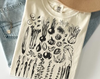 Camiseta retro de verduras Comfort Colors®, camiseta con estampado de verduras en linóleo, camiseta botánica vintage, top de mercado agrícola, camiseta estilo cottagecore, regalo para jardineros