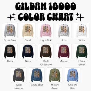 Pu&ograve; includere: Una tabella colori per felpe Gildan 18000, che mostra vari colori come Sport Grey, Sand, Light Pink e Black. La tabella include il testo "COLOR CHART" e mostra le felpe con un design. I colori disponibili sono: Navy, Dark Chocolate, Maroon, Forest Green, Dark Heather, Indigo Blue, Military Green e Carolina Blue.