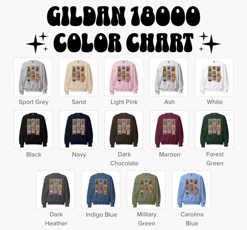 Pu&ograve; includere: Una tabella colori per felpe Gildan 18000, che mostra vari colori come Sport Grey, Sand, Light Pink e Black. La tabella include il testo "COLOR CHART" e mostra le felpe con un design. I colori disponibili sono: Navy, Dark Chocolate, Maroon, Forest Green, Dark Heather, Indigo Blue, Military Green e Carolina Blue.