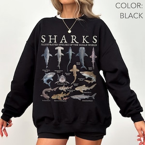 K&ouml;nnte beinhalten: Ein schwarzes Langarm-Sweatshirt mit einem Grafikdruck mit der Aufschrift SHARKS ILLUSTRATED SPECIES OF THE OCEAN WORLD. Das Design zeigt verschiedene Haiarten mit ihren Namen unter jedem Tier, darunter der Wei&szlig;e Hai und Hammerhai.