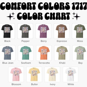 Może przedstawiać: Karta kolor&oacute;w przedstawia r&oacute;żne koszulki Comfort Colors 1717 w r&oacute;żnych odcieniach. Koszulki są ułożone w rzędach i kolumnach, a każda koszulka prezentuje unikalny kolor, w tym czarny, jagodowy i terakotowy. Tekst "COLOR CHART" jest wyświetlany nad koszulkami.