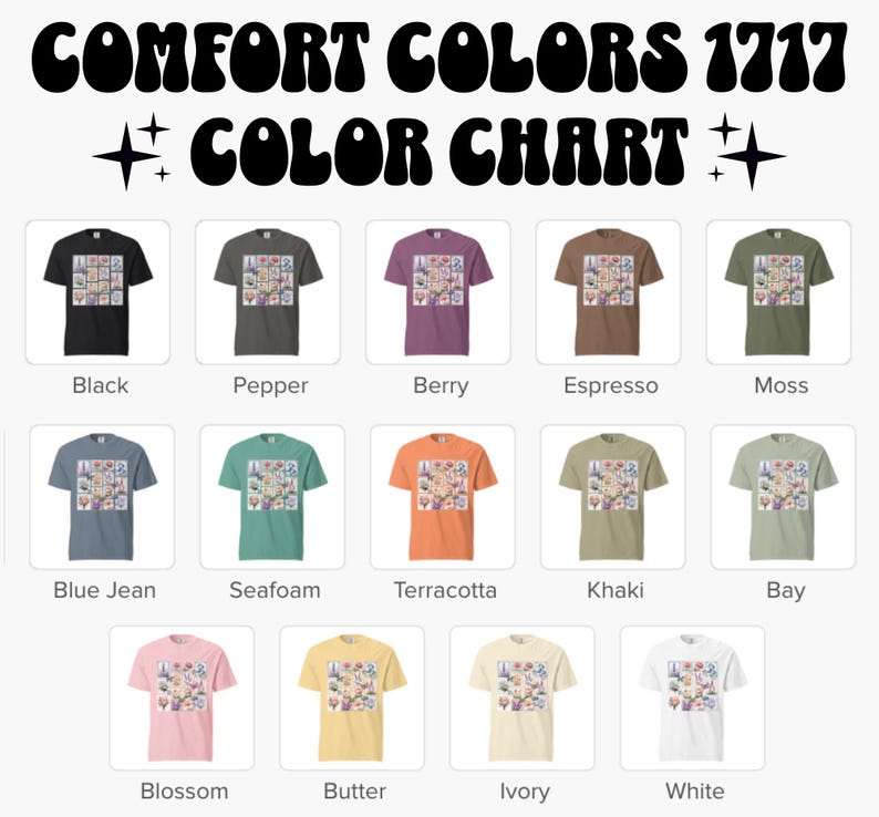 Może przedstawiać: Karta kolor&oacute;w przedstawia r&oacute;żne koszulki Comfort Colors 1717 w r&oacute;żnych odcieniach. Koszulki są ułożone w rzędach i kolumnach, a każda koszulka prezentuje unikalny kolor, w tym czarny, jagodowy i terakotowy. Tekst "COLOR CHART" jest wyświetlany nad koszulkami.