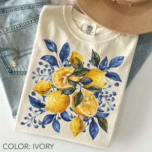 Lemon Shirt Comfort Colors®, Blue Toile Citrus Botanical Shirt, Cottagecore Nature Shirt, Summer Aesthetic Shirt, Vintage Fruit Graphic Tee