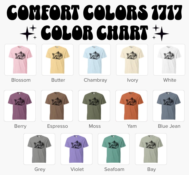 Puede incluir: Una carta de colores con camisetas Comfort Colors 1717 en varios tonos. La carta incluye colores como Blossom, Butter, Chambray e Ivory, cada uno con un gr&aacute;fico de mapache. El texto "COLOR CHART" se muestra encima de las muestras de color.