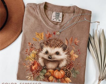 Fall Hedgehog Shirt Comfort Colors, Autumn Animal Tee, Pumpkin Harvest Woodland Shirt, Cottagecore Forest Creature Top, Nature Aesthetic Tee