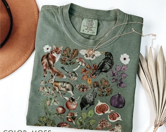 Woodland Creatures Shirt Comfort Colors®, Cottagecore Forest Animals, Botanical Tee, Fox Rabbit Bird Mushroom & Fig Tee, Dark Academia Shirt