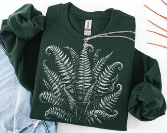 Sudadera con linograbado de helecho forestal, suéter vintage con hojas de helecho, suéter botánico Dark Academia, estética natural cottagecore, camisa forestcore