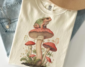 Cottagecore Frosch Pilz Shirt Comfort Colors®, Vintage Fairycore Natur T-Shirt, Retro Botanisches Cottagecore Goblincore T-Shirt, Wald Geschenk T-Shirt