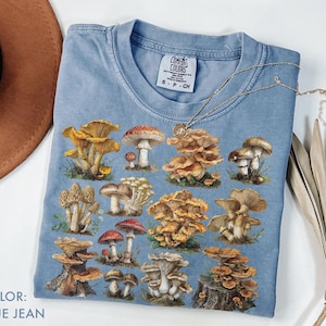 Pu&ograve; includere: T-shirt blu jeans con un'illustrazione dettagliata di vari funghi. La maglietta ha un girocollo e maniche corte. Una collana d'argento con un ciondolo &egrave; drappeggiata sulla maglietta. Il testo "COLOR: BLUE JEAN" &egrave; in basso a sinistra.