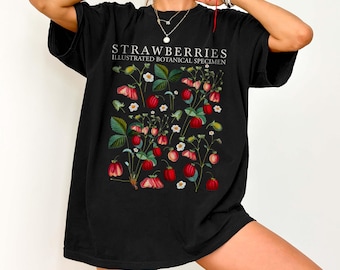 Chemise fraise, couleurs confort, chemise botanique fraises, chemise fruit cottagecore, t-shirt esthétique baies, cadeau amateur de fruits, cadeau jardinier