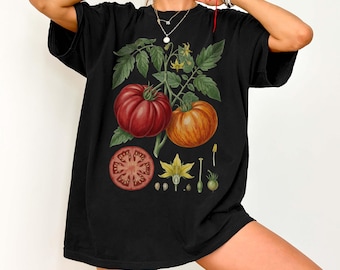 Camiseta vintage con tomates, colores cómodos, ilustración botánica de vegetales, tomates tradicionales, jardín cottagecore, regalo para amantes de las plantas.