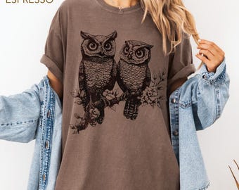 Camiseta con estampado de búho Comfort Colors®, camiseta vintage con estampado de búho, camiseta botánica de aves estilo Forestcore, regalo para amantes de la naturaleza, top de animales estilo Cottagecore oscuro.