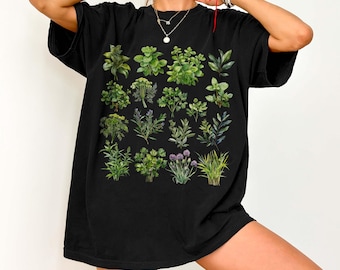 Camiseta com estampa de ervas culinárias, cores confortáveis, camiseta botânica com ervas, camiseta vintage com ilustração de ervas de cozinha, camiseta estilo cottagecore com inspiração na natureza, presente para herbalista.