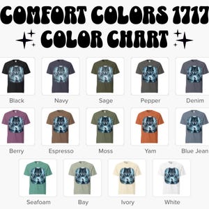 K&ouml;nnte beinhalten: Farbtabelle mit Comfort Colors 1717 T-Shirts in verschiedenen Farben, darunter Schwarz, Marine, Salbei und Beere. Jedes Shirt zeigt eine Wolfsgrafik. Der Text "COMFORT COLORS 1717 COLOR CHART" steht oben.