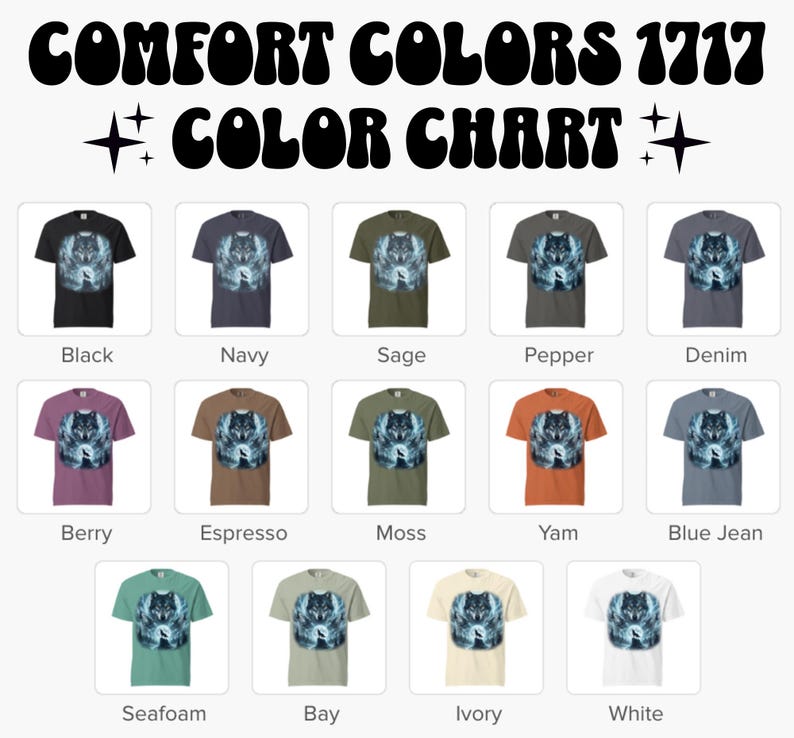K&ouml;nnte beinhalten: Farbtabelle mit Comfort Colors 1717 T-Shirts in verschiedenen Farben, darunter Schwarz, Marine, Salbei und Beere. Jedes Shirt zeigt eine Wolfsgrafik. Der Text "COMFORT COLORS 1717 COLOR CHART" steht oben.