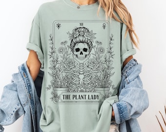 Plant Lady Tarot Card Shirt Comfort Colors®, Witchy Skeleton Shirt, Gothic Botanical Shirt, Dark Cottagecore Garden Shirt, Plant Lover Gift