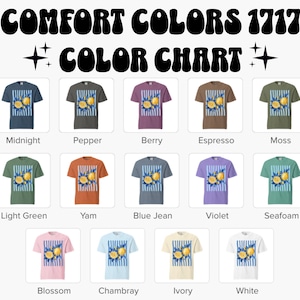 May include: A color chart displays various t-shirt colors, including Midnight, Pepper, Berry, Espresso, Moss, Light Green, Yam, Blue Jean, Violet, Seafoam, Blossom, Chambray, Ivory, and White. Each shirt features a lemon graphic.