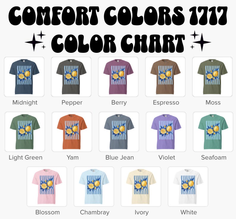 May include: A color chart displays various t-shirt colors, including Midnight, Pepper, Berry, Espresso, Moss, Light Green, Yam, Blue Jean, Violet, Seafoam, Blossom, Chambray, Ivory, and White. Each shirt features a lemon graphic.
