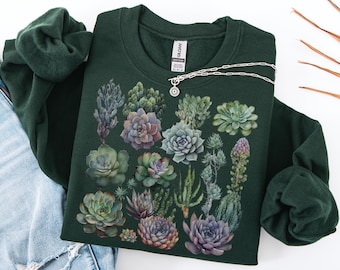 Retro Botanical Succulent Sweatshirt, Botanical Crewneck, Cottagecore Clothing, Cactus Sweater, Nature Aesthetic Pullover, Plant Lover Gift