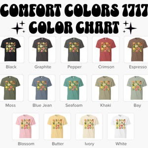 May include: A Comfort Colors 1717 color chart featuring fourteen short-sleeve t-shirts in various colors, each displaying a central graphic of assorted citrus fruits. The colors include black, graphite, pepper, crimson, espresso, moss, blue jean, seafoam, khaki, bay, blossom, butter, ivory, and white.