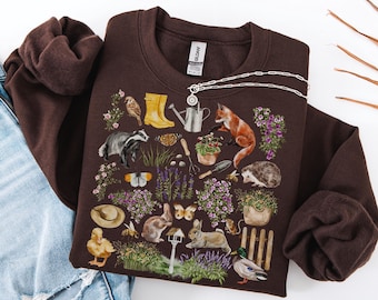 Cottagecore Garden Sweatshirt, Woodland Animal Crewneck, Fox Bunny Hedgehog Shirt, Forestcore Nature Aesthetic Sweater, Cozy Gardener Gift