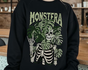 Monstera Skeleton Sweatshirt, Gothic Botanical Plant Crewneck, Cottagecore Skull Leaves Sweater, Halloween Plant Tee, Houseplant Lover Gift