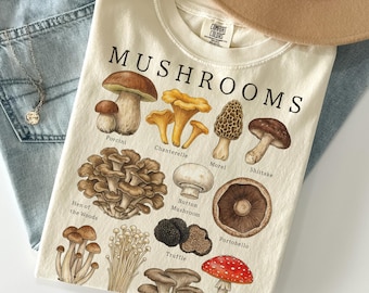 Camiseta vintage de hongos con colores cómodos, camiseta retro de hongos, camiseta botánica de los 90, camiseta de naturaleza cottagecore, regalo para amantes de los hongos y las plantas.