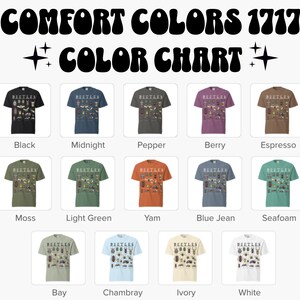 Puede incluir: Una carta de colores muestra camisetas de varios colores, cada una con un gr&aacute;fico de "BEETLES". Los colores disponibles incluyen Negro, Midnight, Pepper, Berry, Espresso, Moss, Verde claro, Yam, Blue Jean, Seafoam, Bay, Chambray, Ivory y Blanco.