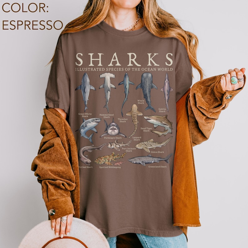 May include: An espresso-colored t-shirt featuring a graphic print titled SHARKS ILLUSTRATED SPECIES OF THE OCEAN WORLD. The design displays various shark species including the Great White, Hammerhead, Whale Shark, and others with their names printed below.
