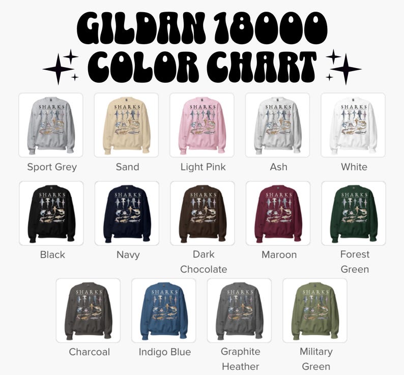 K&ouml;nnte beinhalten: Eine Gildan 18000 Farbkarte mit vierzehn Rundhals-Sweatshirts in verschiedenen Farben, darunter Sportgrau, Sand, Hellrosa, Asche, Wei&szlig;, Schwarz, Marineblau, Dunkelschokolade, Kastanienbraun, Waldgr&uuml;n, Anthrazit, Indigoblau, Graphit-Melange und Milit&auml;rgr&uuml;n.